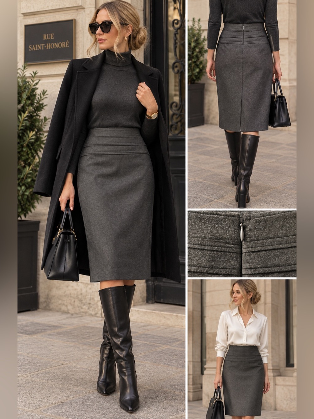 Adrienne Vittadini Charcoal Gray Tailored High-Waist Pencil Skirt